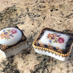 Floral German Porcelain Trinket Box with Gold Accents - White and Navy Floral